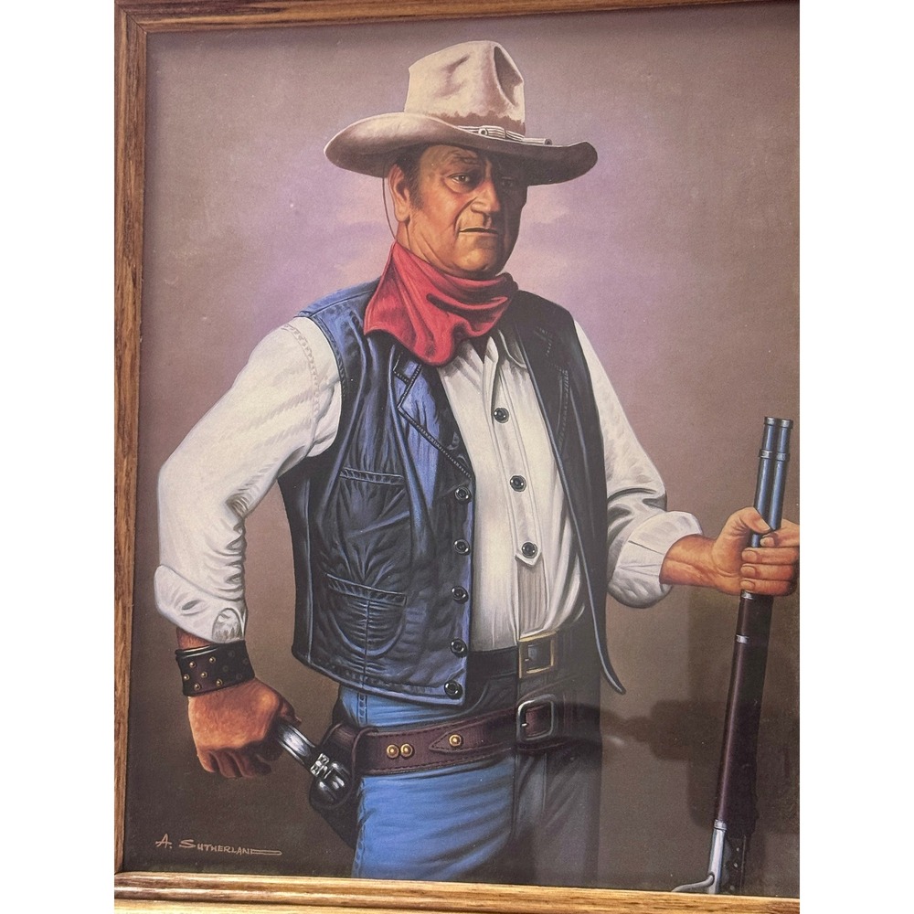 Vintage John Wayne Framed Portrait Print A Sutherland Western Cowboy Art 8x10